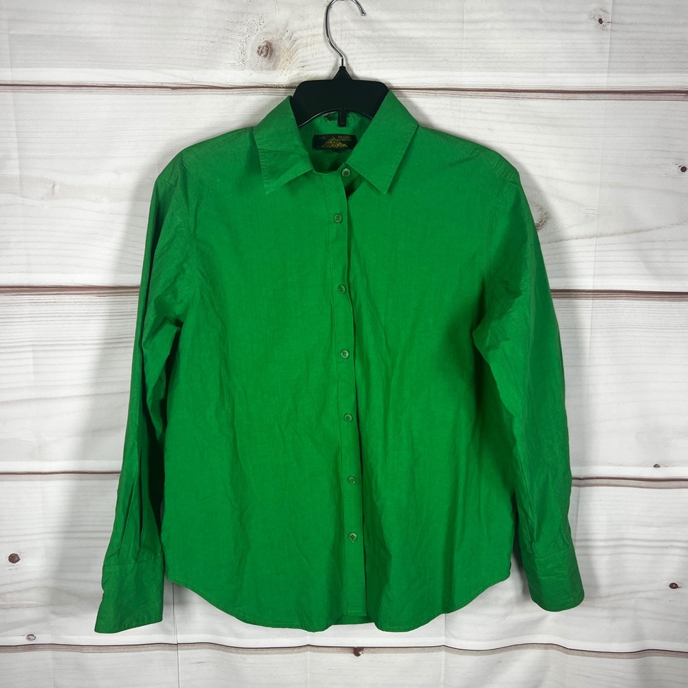 Le Mont St Michel Button Down Shirt Womens 34 XS Green Solid Long Sleeve Cotton